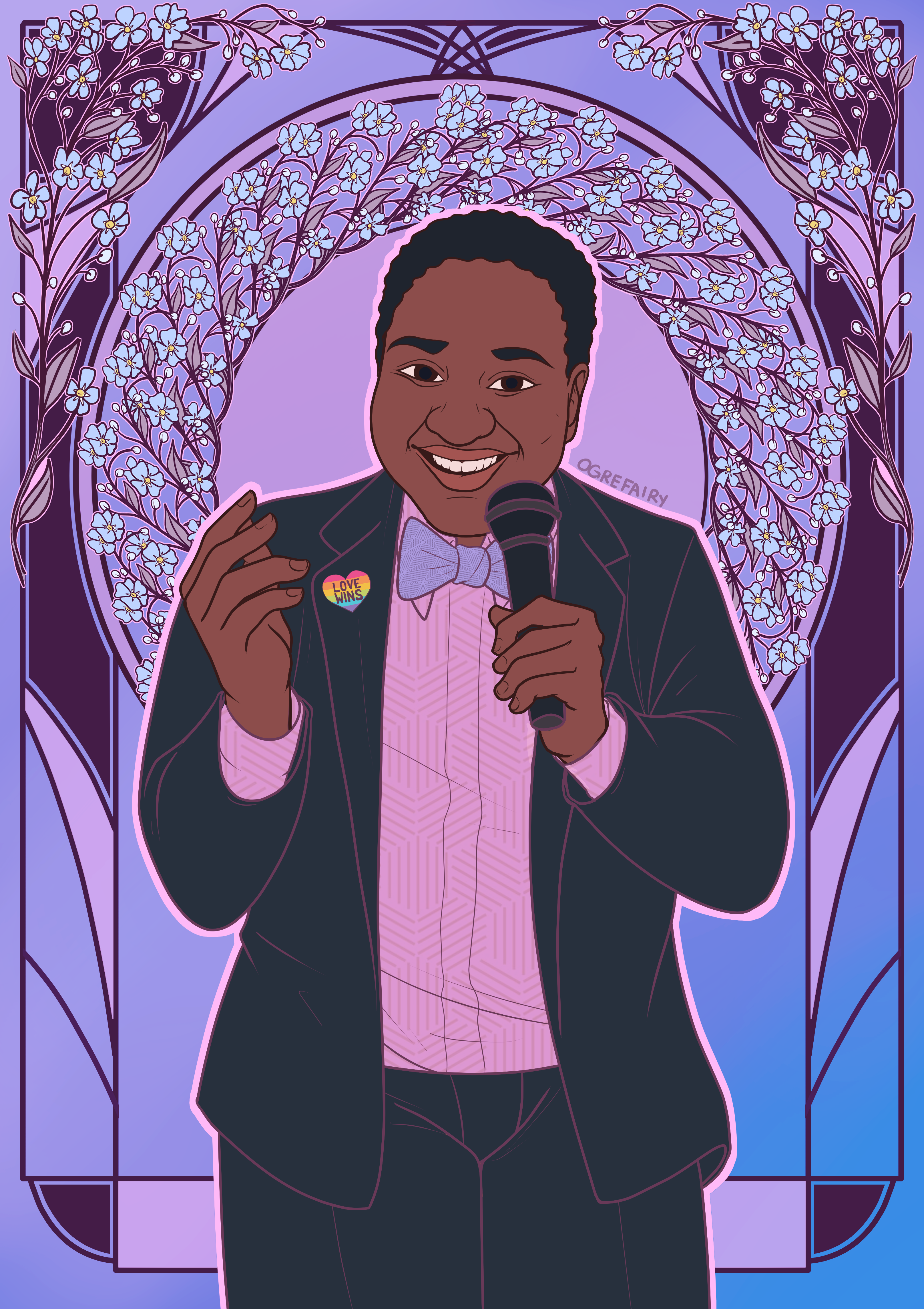 A cartoon of Ki’Tay, a black, disabled Trans man, wearing a suit and bow tie, and a Pride pin in the shape of a rainbow heart with the words, “LOVE WINS” on it. He is smiling while holding a microphone. He is surrounded by a floral ring that arches from his left shoulder over his head to his right shoulder. With a purple and blue background and more decorative flowers.